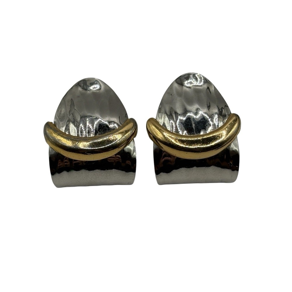 Vintage‎ Napier Earrings Silver & Gold Tone Huggie Hoop Hammered Design Layered
